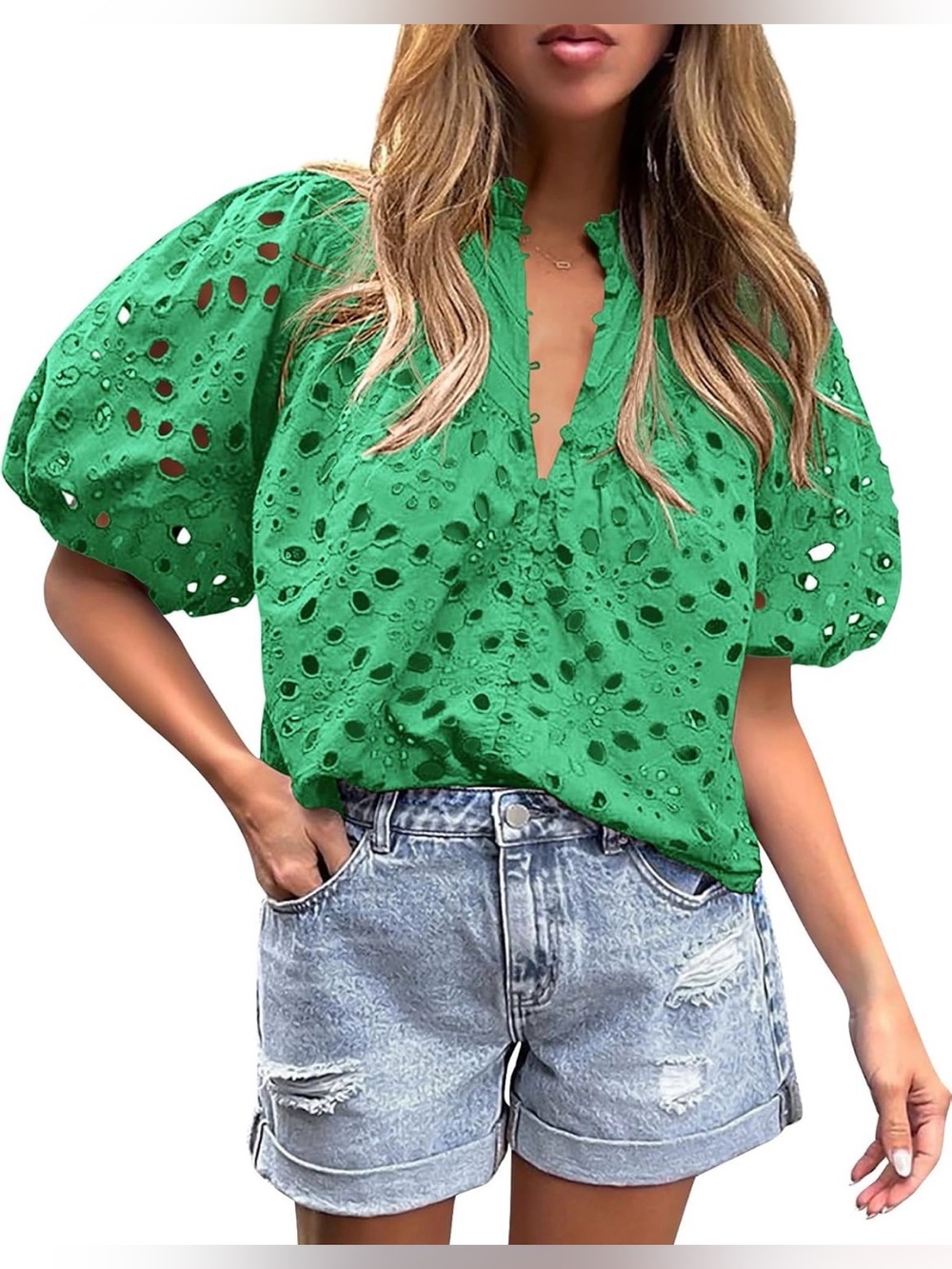 Broderie Puff Sleeve Blouse in Emerald Green